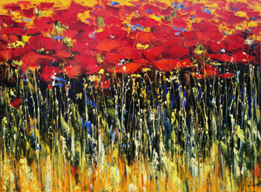 Peinture intitulée "Field of red tulips…" par Janna, Œuvre d'art originale, Huile Monté sur Châssis en bois