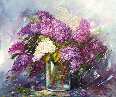Schilderij getiteld "Lilacs (70x60cm, oi…" door Janna, Origineel Kunstwerk, Olie Gemonteerd op Frame voor houten brancard