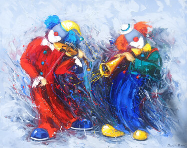 Painting titled "Clownish Duet" by Marietta Martirosyan, Original Artwork, Oil Mounted on Wood Stretcher frame