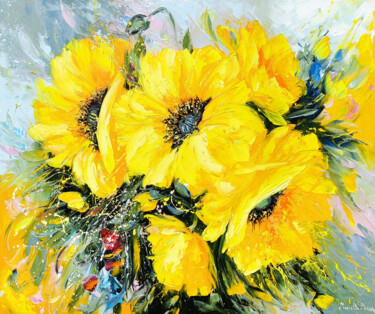 Painting titled "Dancing Sunflowers" by Marietta Martirosyan, Original Artwork, Oil Mounted on Wood Stretcher frame