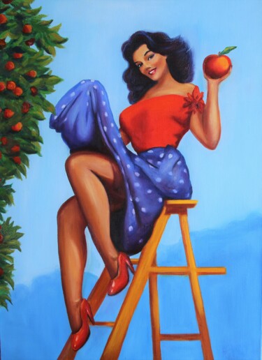 Painting titled ""Eve's Apple" Pin U…" by Mariia Baskal, Original Artwork, Oil Mounted on Wood Stretcher frame