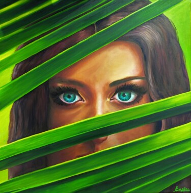 Painting titled "BIG GREEN EYES" by Mariia Baskal, Original Artwork, Oil Mounted on Wood Stretcher frame