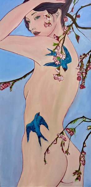 Malarstwo zatytułowany „Sakura - Erotic Art…” autorstwa Mariia Fedorova, Oryginalna praca, Olej