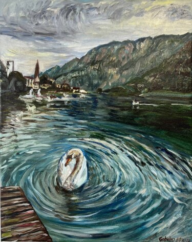 Ζωγραφική με τίτλο "Swan Lake in Halsta…" από Mariia Gabelko, Αυθεντικά έργα τέχνης, Λάδι Τοποθετήθηκε στο Ξύλινο φορείο σκε…