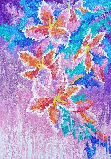 Картина под названием "Sinrise Lilies" - Mariia Raskin, Подлинное произведение искусства, Акрил Установлен на Деревянная рам…