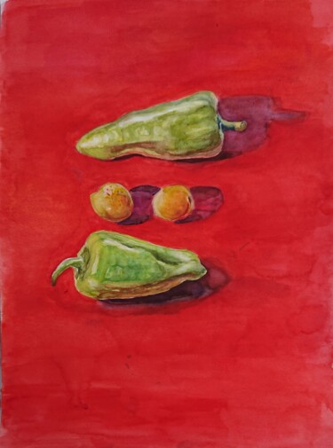Painting titled "pepper and apricot" by Mariia Savina, Original Artwork, Watercolor