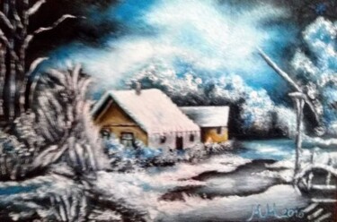 Painting titled "Home in snow" by Marija Mitrovic, Original Artwork, Oil
