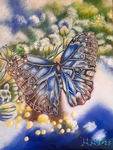 Schilderij getiteld "Blue  butterfly" door Marija Mitrovic, Origineel Kunstwerk, Olie