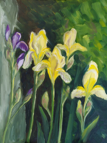 Картина под названием "Sunny iris" - Marija Rudnewa, Подлинное произведение искусства, Масло