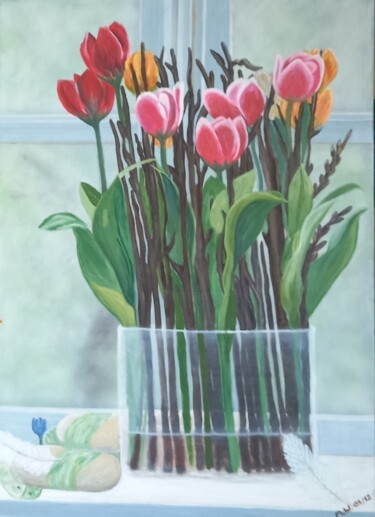 Pintura intitulada "Tulpen im Glasvase" por Marija Weiß, Obras de arte originais, Acrílico