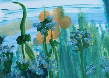 Картина под названием "Blaue Blume am Wass…" - Marija Weiß, Подлинное произведение искусства, Акрил