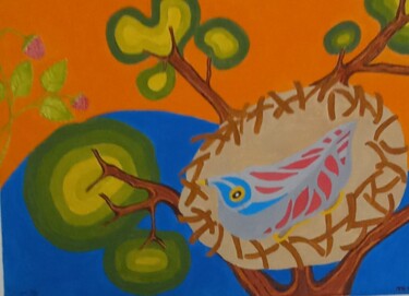 Painting titled "Vogelkücken im Nest" by Marija Weiß, Original Artwork, Acrylic