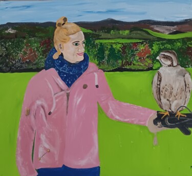 Schilderij getiteld "Frau mit Greifvogel" door Marija Weiß, Origineel Kunstwerk, Acryl