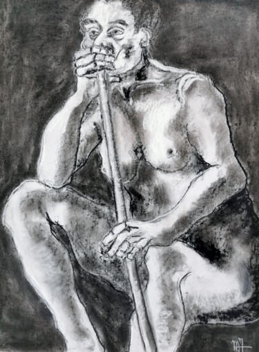 Drawing titled "Dans ses pensées -…" by Marijo Ponce Fest, Original Artwork, Charcoal