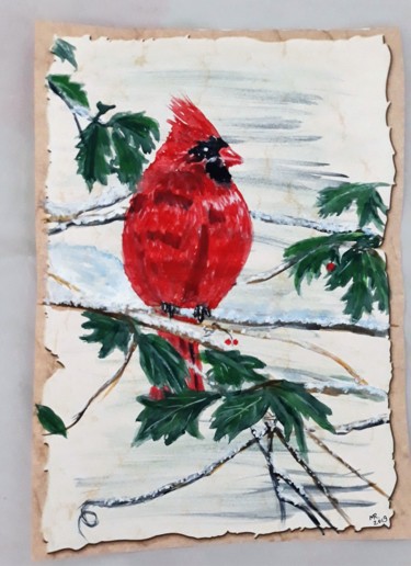 Dessin intitulée "Red cardinal-2." par Marie Ruda, Œuvre d'art originale, Aquarelle