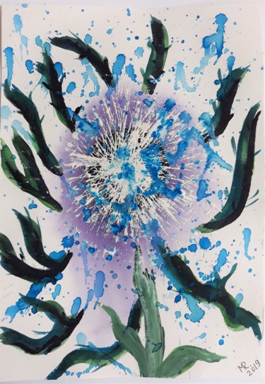 Painting titled "Exotic blue flower." by Marie Ruda, Original Artwork, Watercolor