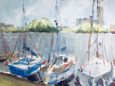 Painting titled "Yachts and boats on…" by Marina Babintseva, Original Artwork, Oil