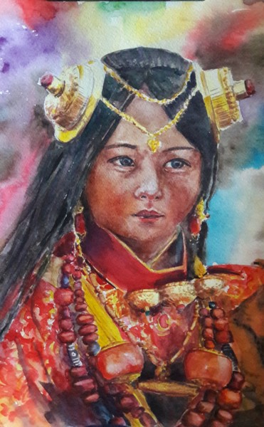 Malerei mit dem Titel "Tibetan bride" von Marina Babintseva, Original-Kunstwerk, Aquarell