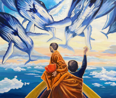 Pintura intitulada "Meeting with whales" por Marina Beresneva, Obras de arte originais, Acrílico Montado em Armação em madei…