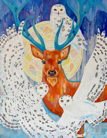 Painting titled "Reindeer and polar…" by Marina Beresneva, Original Artwork, Acrylic Mounted on Wood Stretcher frame