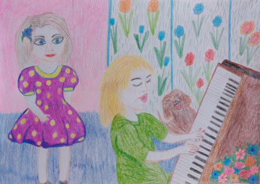 Tekening getiteld "Music Friends" door Marina Danko, Origineel Kunstwerk, Conté