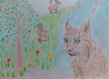 Desenho intitulada "Lynx on the hunt" por Marina Danko, Obras de arte originais, Conté