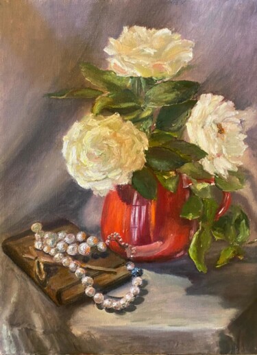 Painting titled "Pearls and bouquet,…" by Marina Gavrilova, Original Artwork, Oil