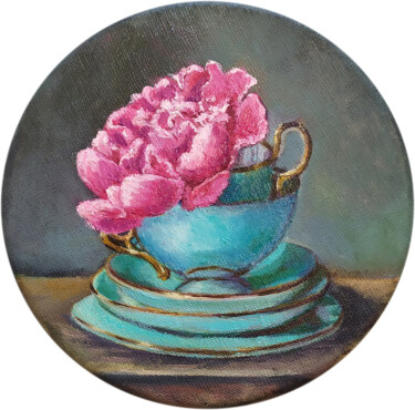 Painting titled "Peony in a turquois…" by Marina Letti, Original Artwork, Oil