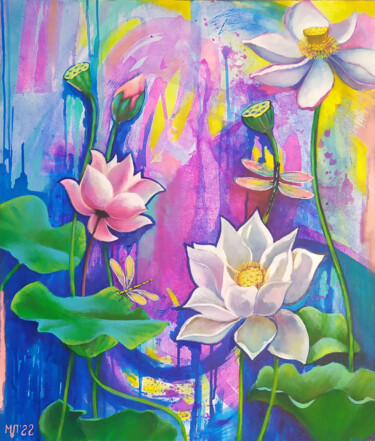 Painting titled "Lotuses and dragonf…" by Marina Letti, Original Artwork, Oil