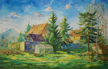 Schilderij getiteld "Czech houses" door Marina Lialina (Lia Mar), Origineel Kunstwerk, Olie