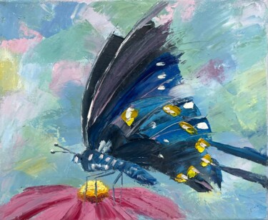 Malerei mit dem Titel "Blue butterfly on a…" von Marina Zhivliuk, Original-Kunstwerk, Öl