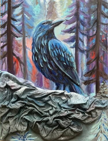 Картина под названием "Mystical raven with…" - Marina Zhivliuk, Подлинное произведение искусства, Масло
