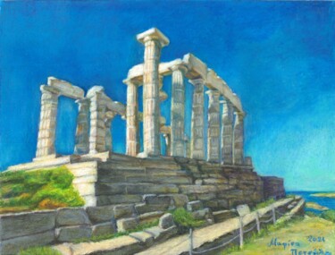 Malarstwo zatytułowany „Temple of Poseidon” autorstwa Marina Petsali, Oryginalna praca, Pastel