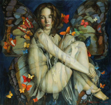 Painting titled "Butterfly # 8" by Marina Podgaevskaya, Original Artwork, Oil Mounted on Wood Stretcher frame