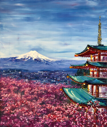 Pintura titulada "FUJIYAMA - Nature o…" por Marina Skromova, Obra de arte original, Oleo Montado en Panel de madera