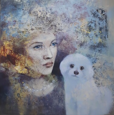 Painting titled "dame au bichon" by Marina Vorobjova, Original Artwork, Acrylic Mounted on Wood Stretcher frame