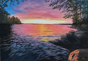 Painting titled "Evening in Karelia" by Marina Zotova, Original Artwork, Oil Mounted on Wood Stretcher frame