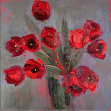 Painting titled "RED TULIPS ON GRAY" by Marina Zubkova, Original Artwork, Oil