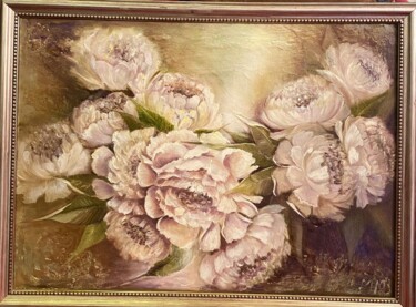 Malerei mit dem Titel "White flowers peyon…" von Marina Zykova, Original-Kunstwerk, Öl Auf Keilrahmen aus Holz montiert