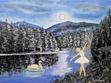 Painting titled "Swan Lake Ballerina" by Marina Alexander, Original Artwork, Oil
