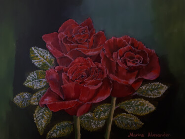 「Three Red Roses」というタイトルの絵画 Marina Alexanderによって, オリジナルのアートワーク, オイル