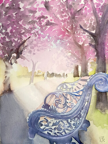 Painting titled "Banc et cerisier en…" by Marine Chauvet, Original Artwork, Watercolor