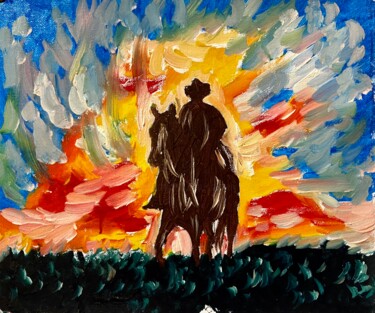 Pittura intitolato "Cowboy al tramonto" da Mario Pratesi, Opera d'arte originale, Olio
