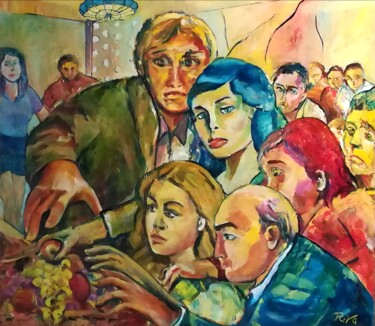 Картина под названием "Ressa al buffet" - Mario Riva, Подлинное произведение искусства, Масло Установлен на Деревянная панель