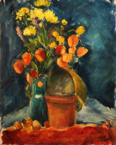 Painting titled "Flowers in blue vase" by Michelangelo Verso, Original Artwork, Oil