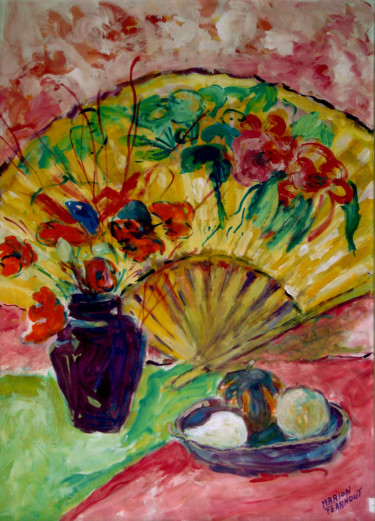 Painting titled "Still life with fan…" by Michelangelo Verso, Original Artwork, Gouache