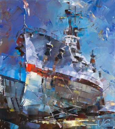 Ζωγραφική με τίτλο "USS TEXAS in a dryd…" από Volodymyr Glukhomanyuk, Αυθεντικά έργα τέχνης, Λάδι Τοποθετήθηκε στο Ξύλινο φο…