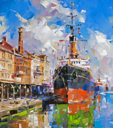 Painting titled "BETWEEN TWO SHORES…" by Volodymyr Glukhomanyuk, Original Artwork, Oil Mounted on Wood Stretcher frame