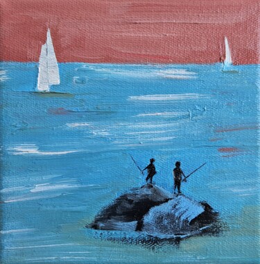 Schilderij getiteld "Fishing on the rocks" door Mariusz Makula, Origineel Kunstwerk, Olie