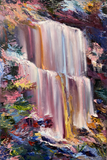 Painting titled "Fairy waterfall" by Mariya Bogdanova, Original Artwork, Oil Mounted on Wood Stretcher frame